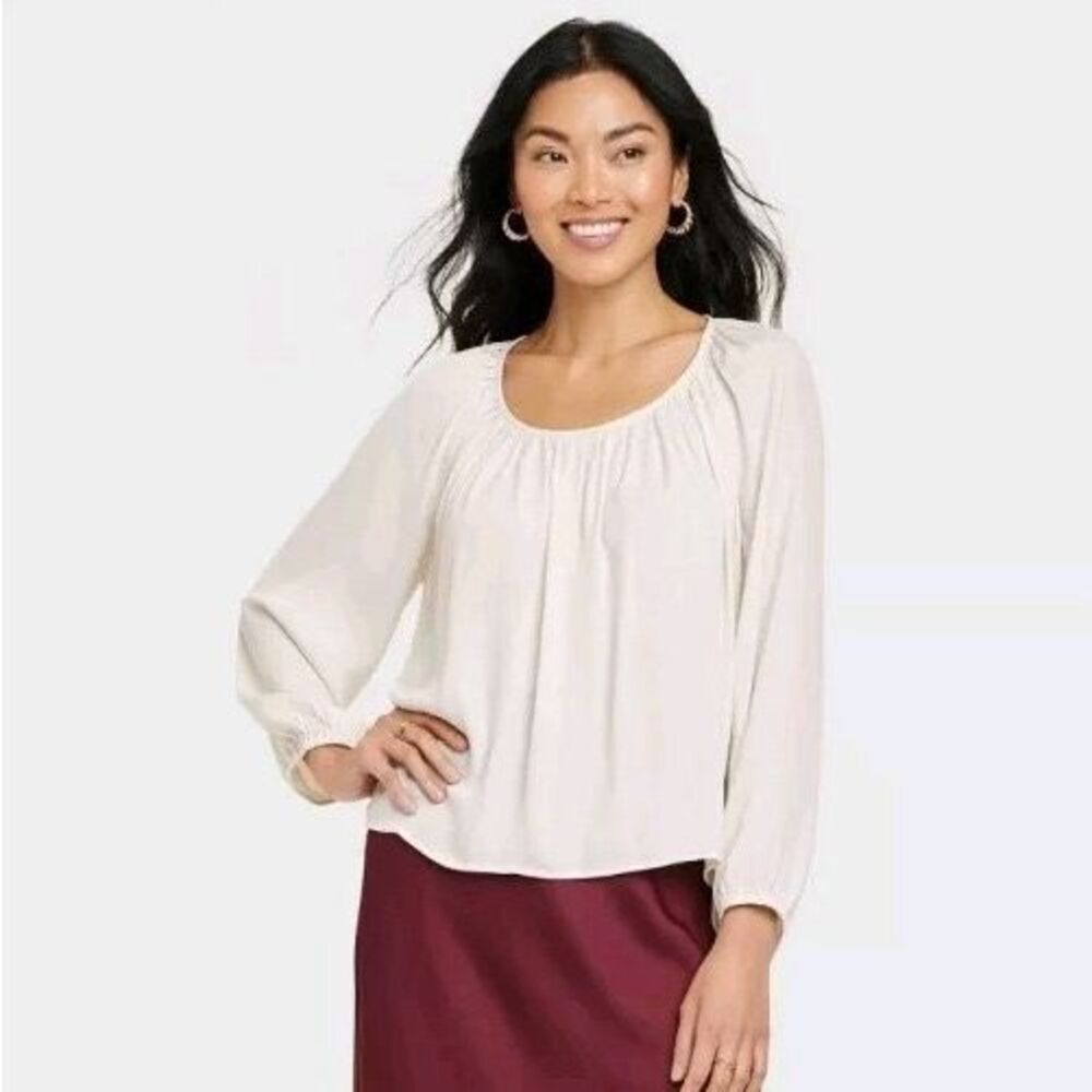✨A New Day Women's Balloon Long Sleeve Femme Popover Cream Sz Medium Shirt✨